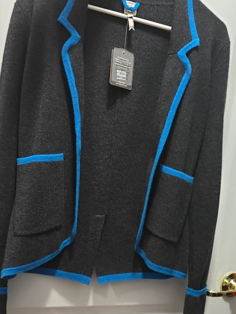 Charcoal Knit Open Blazer with Bright Blue Trim